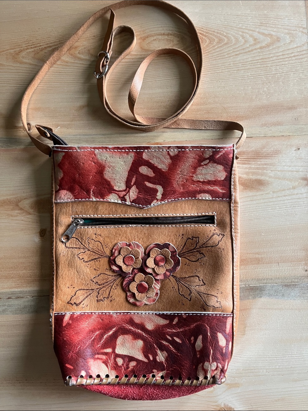 Handmade Leather/Suede Crossbody Bag with Floral Appliqué and Tie-Dye Accents